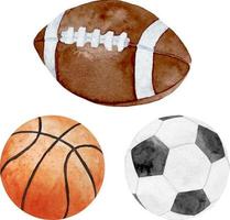 ilustración acuarela de balones deportivos de fútbol, fútbol, baloncesto y béisbol aislados en fondo blanco vector