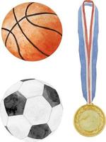 ilustración acuarela de balones deportivos de fútbol, fútbol, baloncesto y béisbol con medalla de ganador de oro aislada en fondo blanco vector