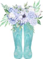 Watercolor turquoise wellies with hydrangea. Hello autumn greeting card. Floral garden rubber boots with flowers and leaves illustration. vector