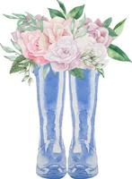 Watercolor blue wellies with flowers. Hello autumn greeting card. Floral garden rubber boots with roses and leaves illustration. vector