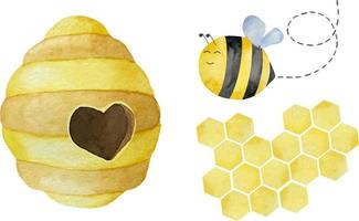 Watercolor beehive with round shaped entrance. Watercolor illustrations in the theme of beekeeping with honeycomb and bee vector