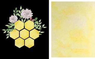 Watercolor colorful big bees combs with flowers and leaves isolated on blsck background. vector