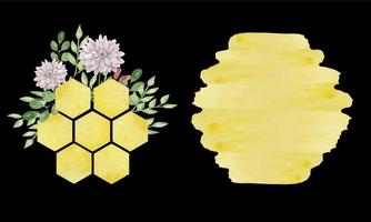 Watercolor colorful big bees combs with flowers and leaves isolated on blsck background. vector