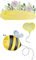 Set of watercolor cute bees with flight path, honey, summer theme. Honey design for baby. vector