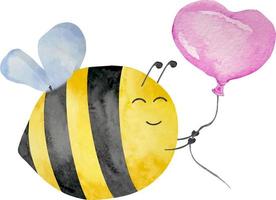 Watercolor cute bee with pink balloon in heart shape, honey, summer theme. Honey design for baby. vector
