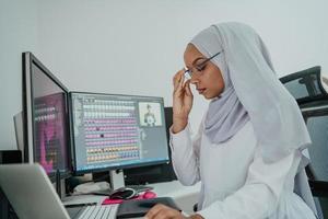 Young Afro-American modern Muslim businesswoman wearing a scarf in a creative bright office workplace with a big screen. photo