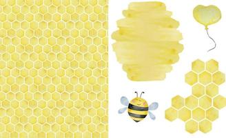 Watercolor set of illustrations in the theme of beekeeping with honeycomb geometric pattern isolated on white background. vector