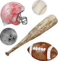 Watercolor sport set with american football helmet, ball and bas vector