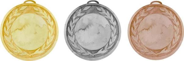 colección de ilustraciones de acuarela de tres medallas ganadoras. Medalla deportiva de oro, plata y bronce. forma redonda vector