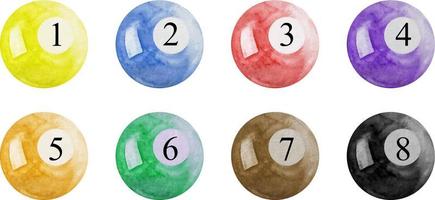 Watercolor colored Pool Balls. billiard balls numbers 1 to 8 vector