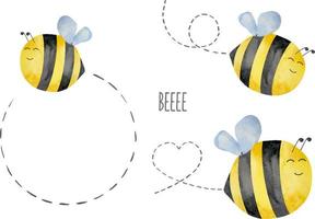 Set of watercolor cute bees with flight path, honey, summer theme. Honey design for baby. vector