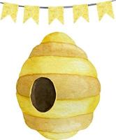 Watercolor beehive with round shaped entrance. Watercolor illustrations in the theme of beekeeping vector