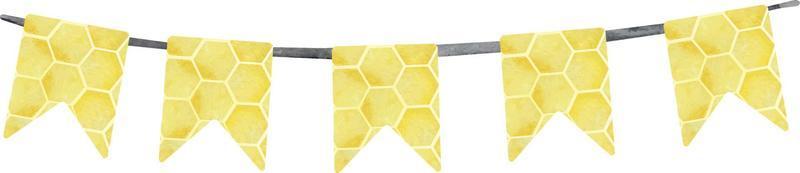 Watercolor holiday flags and garlands with honey bee, honeycomb Beekeeping fresh honey farm banner. vector