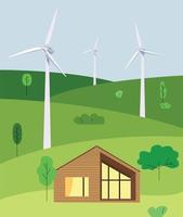 Wind farms in the field supply energy to the house. Green energy wind turbines on earth. Wind turbines. Vector illustration. Clean energy. Save the planet.