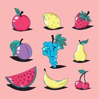 Vector juicy bright illustration set fruit berries juicy stickers doodles icons apple pear watermelon cherry banana grape plum lemon strawberry