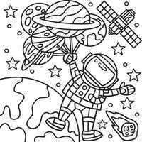 astronauta sosteniendo globo planeta página para colorear vector