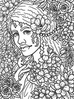 Afro American Cute Flower Girl Coloring Page vector