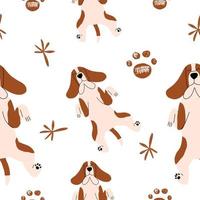 Seamless pattern with cute Basset Hound dog. Vector illustration in a flat style.