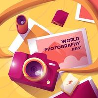 instalando equipos de fotografía en la mesa para el día mundial de la fotografía vector