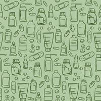 A pattern with pills and medicinal preparations in the style of hand-sketching. Contour drawing of medical instruments. Background for printing on paper packaging, textiles. vector