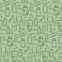 A pattern with pills and medicinal preparations in the style of hand-sketching. Contour drawing of medical instruments. Background for printing on paper packaging, textiles. vector