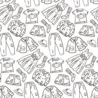 Seamless pattern with rendered clothes. The contour is drawn manually, sketching, lines. Suitable for printed products and textiles. Packaging, banner, flyer, background, print. vector