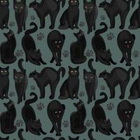 Seamless pattern black cats. Cats with paws in different poses. Wrapping paper, fashionable fabrics, prints, patterns. vector