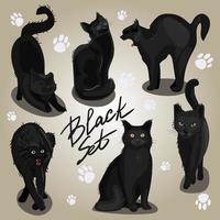 A set of black cats in different poses. Collection of cat sketches for Halloween. Perfectly playing black kittens. Vector illustration of pets. For children's illustrations, zoo products.