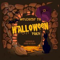 el fondo de halloween es un gato negro, una escoba, una tina de poción, murciélagos, una telaraña y un sombrero de bruja. tarjeta de felicitación para una fiesta y venta. vacaciones de otoño. ilustración vectorial vector