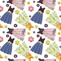 Seamless pattern with different colored dresses. Clothes without a background. Suitable for printed products and textiles. Packaging, banner, flyer, background, print. vector