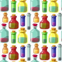 Seamless vector pattern of poison bottles. A set of colored glass bottles. Poisons, potions, liquids in containers. Halloween jars.