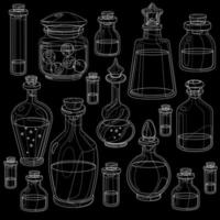 The outline of a set of glass containers with poisons and potions. Black and white poisons in glass jars set for Halloween. vector