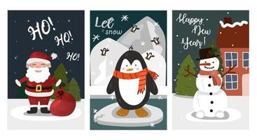 A set of cute Christmas cards. Postcards with Christmas motifs Santa Claus, bear, snowman, sleigh with gifts, Christmas tree, penguin, car with Christmas tree, house, gingerbread. Vector illustration