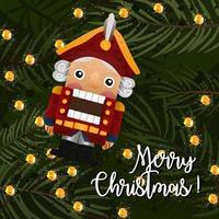 A postcard with an illustration of a Christmas nutcracker on a Christmas tree with lights. A wooden toy on the Christmas tree is a soldier from the ballet. Vector illustration. Print