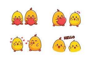 conjunto de linda pareja patito o pollito para pegatina de redes sociales emoji enamorarse y decir hola emoticono vector