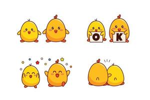 Set of cute couple little duck or little chick for social media sticker emoji say OK happy and hug emoticon vector