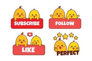 conjunto de lindo patito o pollito para emoji de pegatina de redes sociales suscríbete sigue como emoticono perfecto vector