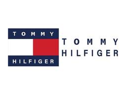 símbolo del logotipo de tommy hilfiger rojo y azul con nombre icono de diseño de ropa ilustración de vector de fútbol abstracto con fondo blanco