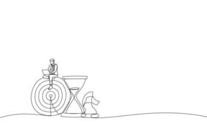 Drawing of smart businessman working with computer sit on target with chess knight and sandglass. Metaphor for business strategy, planning to achieve goal. Single line art style vector