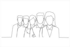 Cartoon of happy business team standing in a row at office. Single continuous line art style vector