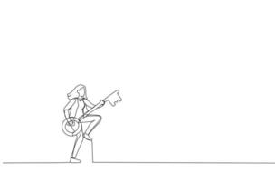 Cartoon of success businesswoman holding key as guitar dancing with freedom. Metaphor fopr business or career development, leadership and motivation to self improve. Single continuous line art style vector
