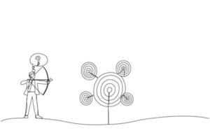 Illustration of businessman with bow and arrow look at multiple targets and can not decide which target to shoot at. Metaphor for multitasking and priority. One line art style vector