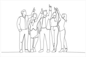 Drawing of business people in a row pointing and looking up to copy space isolated on white background. Single line art style vector