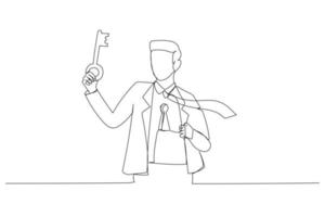 Drawing of businessman holding big key about to unlock keyhole on his body. Metaphor for reach true potential, personal career success. One line style art vector