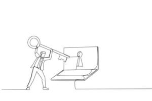 Drawing of businessman hold the keys and computer laptop with protection key lock. Metaphor for online data security. Single line art style vector