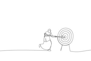 Cartoon of muslim businesswoman shooting target with arrow. Metaphor for market goal achievement, financial aim. Single continuous line art style vector