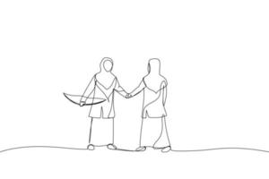 Illustration of businessmen shaking hands agreement after finished danger risky apple shot archery show. Metaphor for trusted partner, business relation, collaboration. One line art style vector