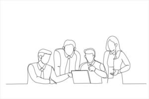 Cartoon of business people working together on new project looking at statistics on laptop. Continuous line art style vector