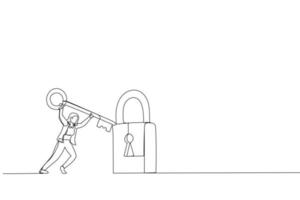 Cartoon of smart businesswoman holding big key to unlock the pad. Metaphor for problem solving, solutions, and business accessibility. Continuous line art vector