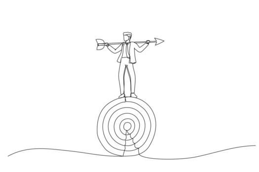 Illustration of smart businessman balance and control rotating archery target with arrow hitting bullseye. Metaphor for result based oriented driven. One continuous line art style vector